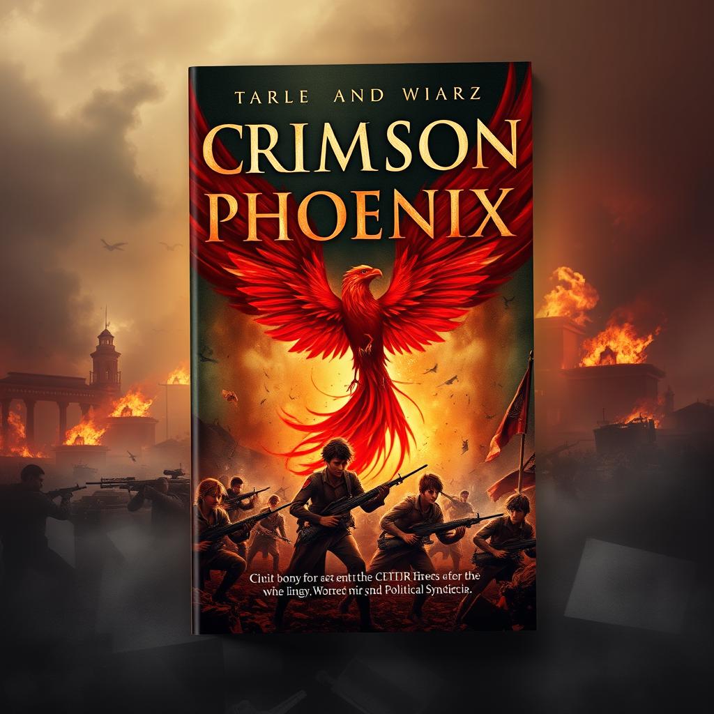 Create a dramatic action book cover for a novel titled 'Crimson Phoenix'