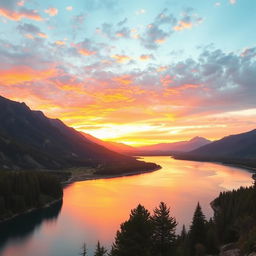 A beautiful landscape featuring mountains, a river, and a sunset