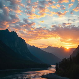 A beautiful landscape featuring mountains, a river, and a sunset