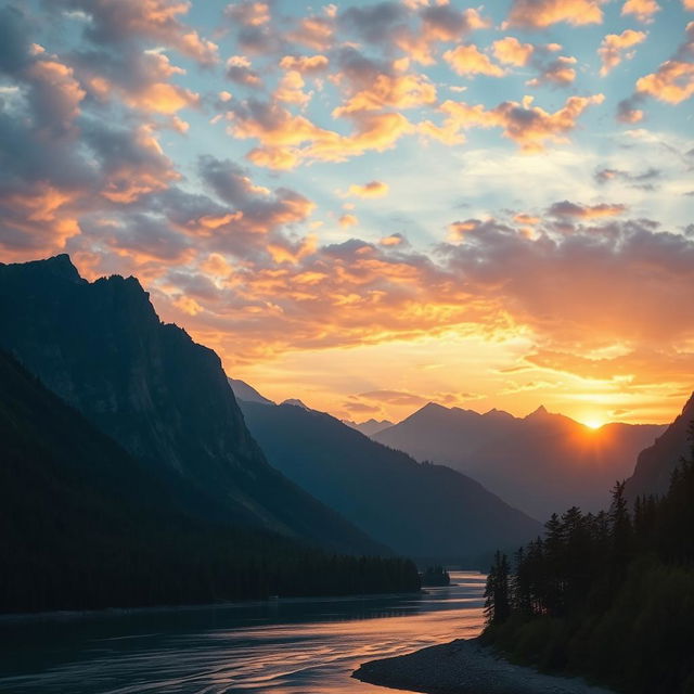 A beautiful landscape featuring mountains, a river, and a sunset