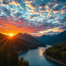 A beautiful landscape featuring mountains, a river, and a sunset