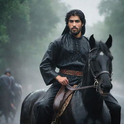 A handsome, bearded Arab youth, attired in traditional gear, gallantly riding a robust black horse in the rain, embodying strength and determination.