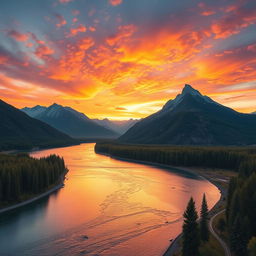 A beautiful landscape featuring mountains, a river, and a sunset