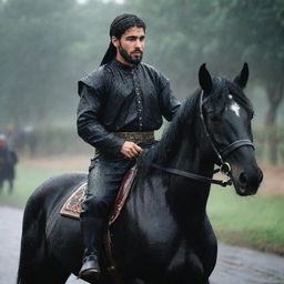 A handsome, bearded Arab youth, attired in traditional gear, gallantly riding a robust black horse in the rain, embodying strength and determination.