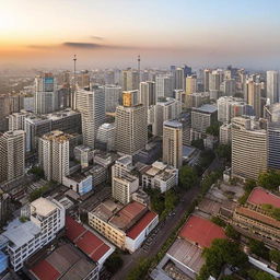 A vibrant panorama of a developed African city, filled with modern skyscrapers, bustling markets, advanced technology, lush parks, and a thriving cultural scene.