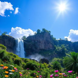 A serene landscape featuring a beautiful waterfall cascading down a rocky cliff, surrounded by lush greenery and vibrant flowers