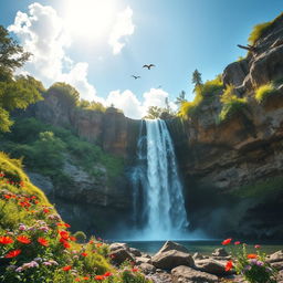 A serene landscape featuring a beautiful waterfall cascading down a rocky cliff, surrounded by lush greenery and vibrant flowers