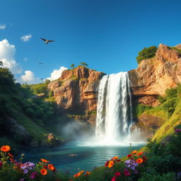 A serene landscape featuring a beautiful waterfall cascading down a rocky cliff, surrounded by lush greenery and vibrant flowers