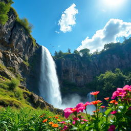 A serene landscape featuring a beautiful waterfall cascading down a rocky cliff, surrounded by lush greenery and vibrant flowers