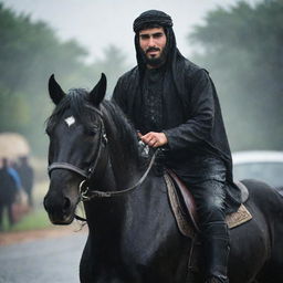 A handsome, bearded Arab youth, attired in traditional gear, gallantly riding a robust black horse in the rain, embodying strength and determination.