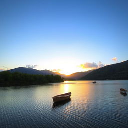 A serene landscape featuring a calm lake surrounded by lush green trees and mountains in the background