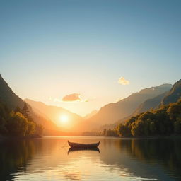 A serene landscape featuring a calm lake surrounded by lush green trees and mountains in the background