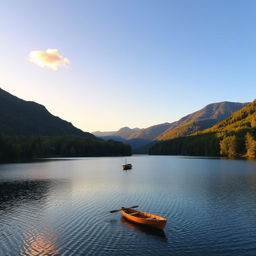 A serene landscape featuring a calm lake surrounded by lush green trees and mountains in the background