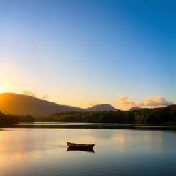 A serene landscape featuring a calm lake surrounded by lush green trees and mountains in the background