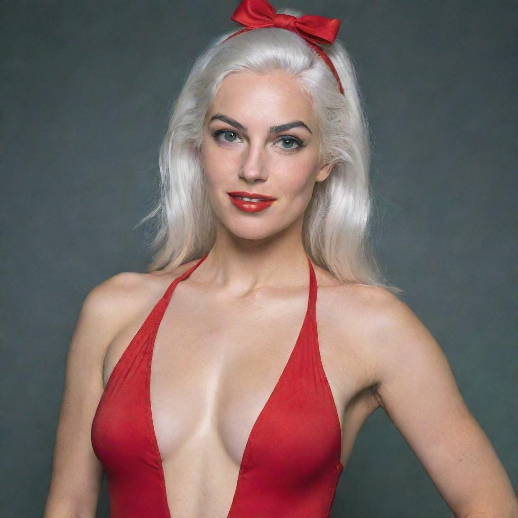 Photograph of a 30-year-old girl of average build, with white hair, posing in a red swimsuit and high heels. Her features include long square proportional facial features, dimples in her cheeks, bow lips, large black eyebrows, smooth medium green eyes, and swarthy skin