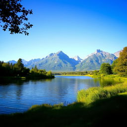 A serene landscape featuring a calm lake surrounded by lush greenery and tall mountains in the background under a clear blue sky