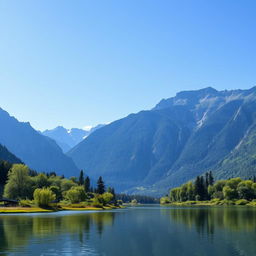 A serene landscape featuring a calm lake surrounded by lush greenery and tall mountains in the background under a clear blue sky