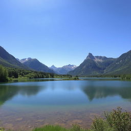 A serene landscape featuring a calm lake surrounded by lush greenery and tall mountains in the background under a clear blue sky