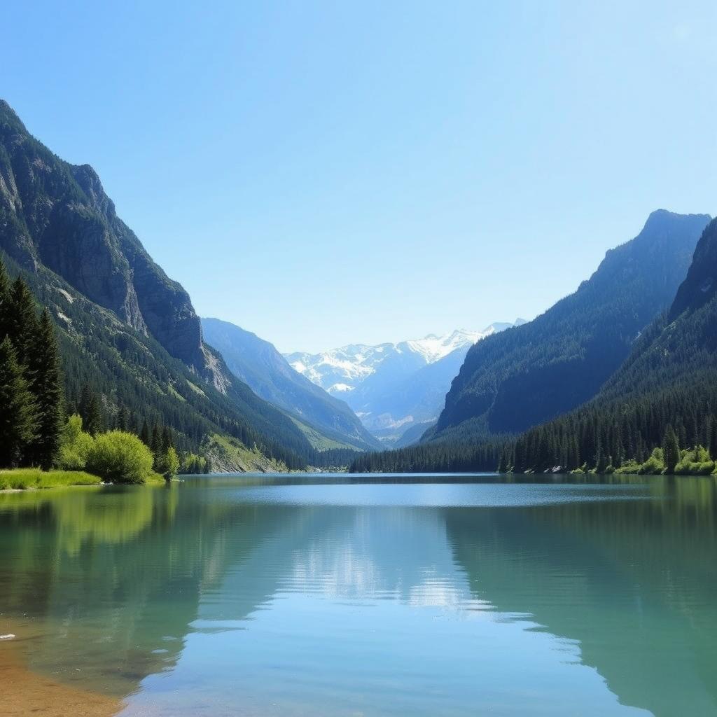 A serene landscape featuring a calm lake surrounded by lush greenery and tall mountains in the background under a clear blue sky