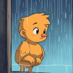 Un chico mirando la lluvia desde una ventana, estilo anime