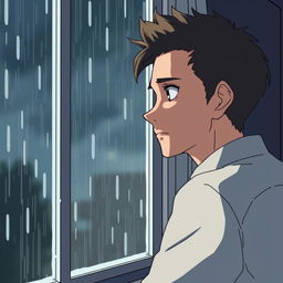 Un hombre mirando la lluvia desde una ventana, estilo anime