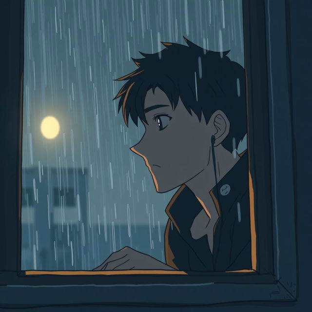 Un hombre mirando la lluvia desde una ventana, estilo anime