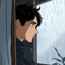 Un hombre mirando la lluvia desde una ventana, estilo anime