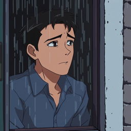 Un hombre mirando la lluvia desde una ventana, estilo anime