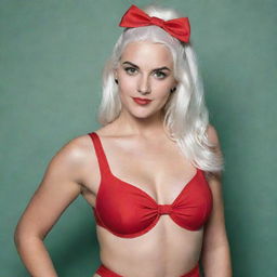 Photograph of a 30-year-old girl of average build, with white hair, posing in a red swimsuit and high heels. Her features include long square proportional facial features, dimples in her cheeks, bow lips, large black eyebrows, smooth medium green eyes, and swarthy skin