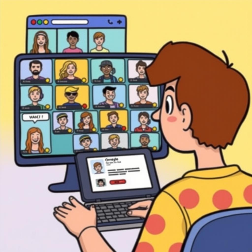 A colorful and lively illustration of a person using Omegle, chatting with random people from around the world