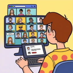 A colorful and lively illustration of a person using Omegle, chatting with random people from around the world