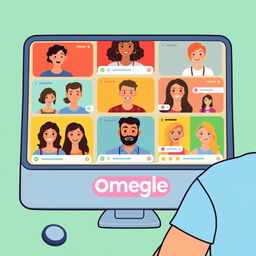 A colorful and lively illustration of a person using Omegle, chatting with random people from around the world