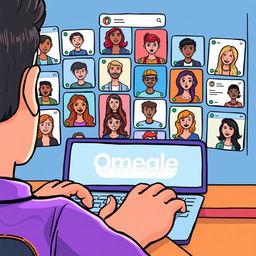 A colorful and lively illustration of a person using Omegle, chatting with random people from around the world