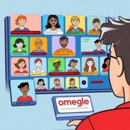 A colorful and lively illustration of a person using Omegle, chatting with random people from around the world