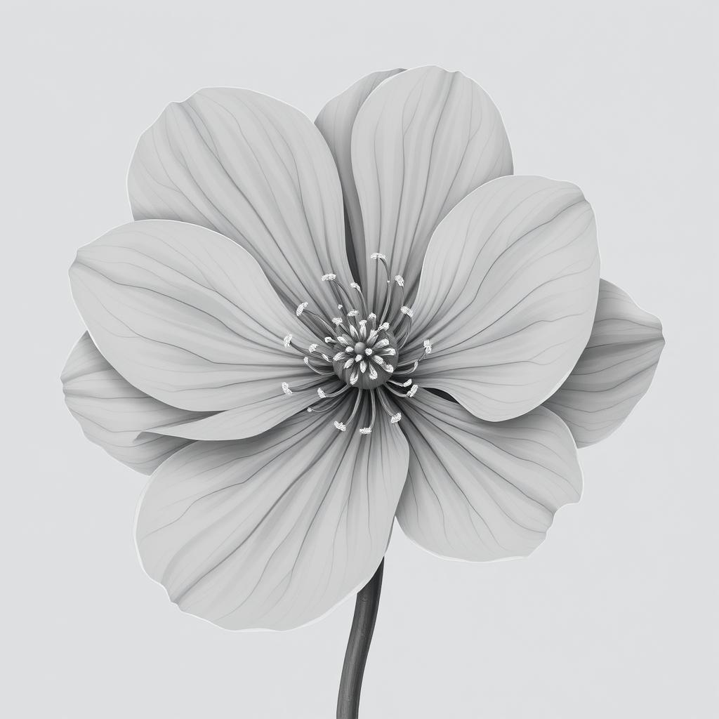 A detailed illustration of a gray flower with delicate petals and intricate patterns, set against a simple background to emphasize its unique color and beauty