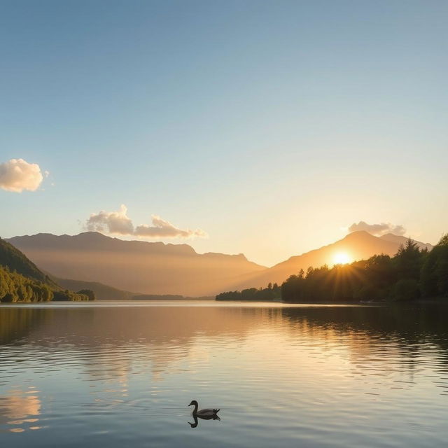 A serene landscape featuring a calm lake surrounded by lush green trees and mountains in the background