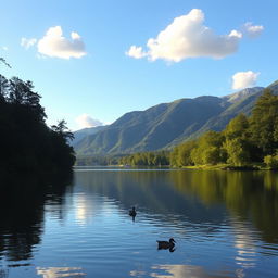 A serene landscape featuring a calm lake surrounded by lush green trees and mountains in the background