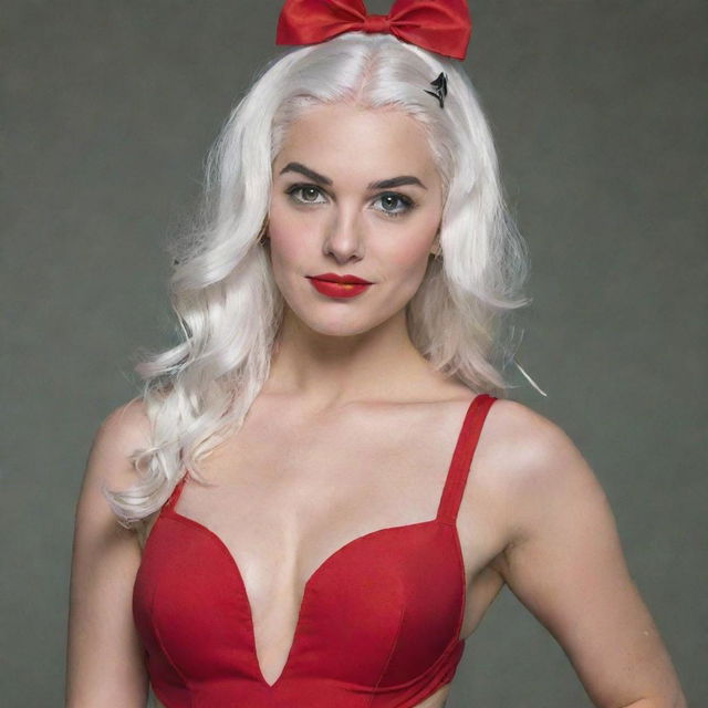 Photograph of a 30-year-old girl of average build, with white hair, posing in a red swimsuit and high heels. Her features include long square proportional facial features, dimples in her cheeks, bow lips, large black eyebrows, smooth medium green eyes, and swarthy skin