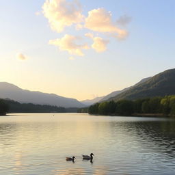 A serene landscape featuring a calm lake surrounded by lush green trees and mountains in the background