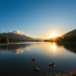 A serene landscape featuring a calm lake surrounded by lush green trees and mountains in the background