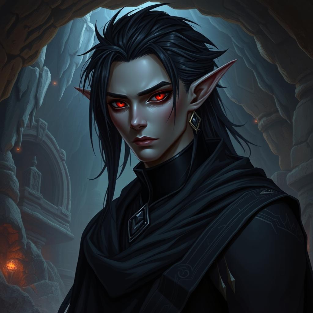 A male Drow with black hair and red eyes