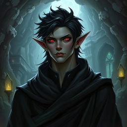 A male Drow with black hair and red eyes