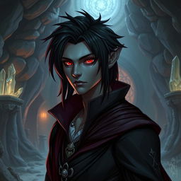 A male Drow with black hair and red eyes