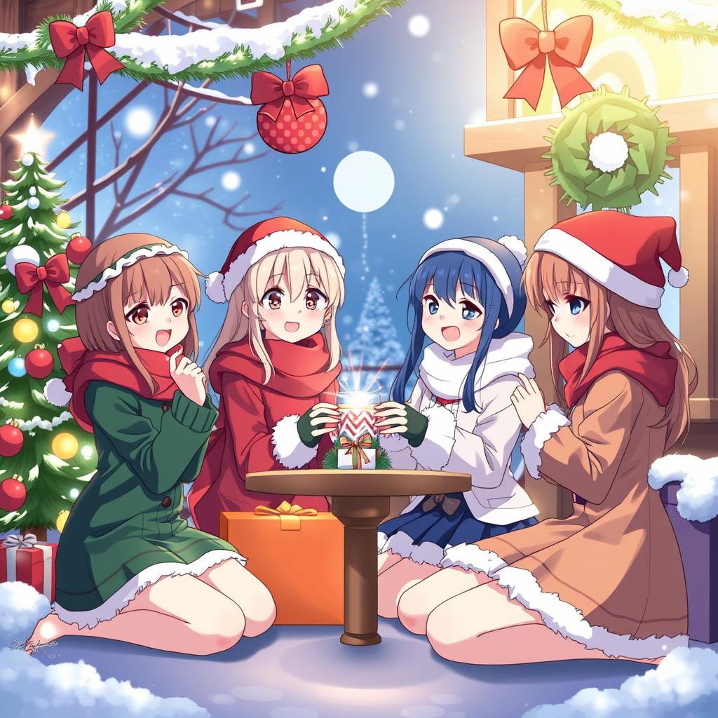 A group of anime-style waifus celebrating Christmas together