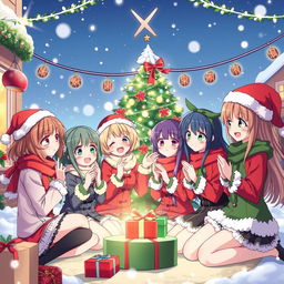 A group of anime-style waifus celebrating Christmas together