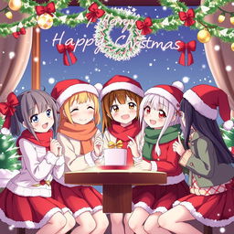 A group of anime-style waifus celebrating Christmas together