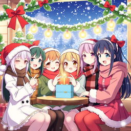 A group of anime-style waifus celebrating Christmas together