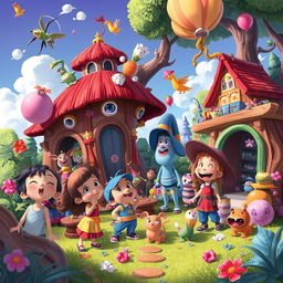 Create a vibrant and imaginative scene with various characters and elements