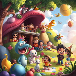 Create a vibrant and imaginative scene with various characters and elements