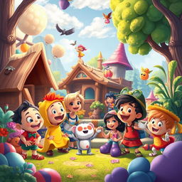 Create a vibrant and imaginative scene with various characters and elements